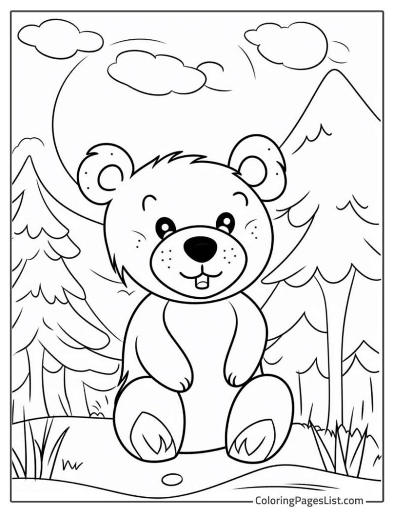 Cute Bear Sitting In The Jungle and Smiling Coloring Sheet