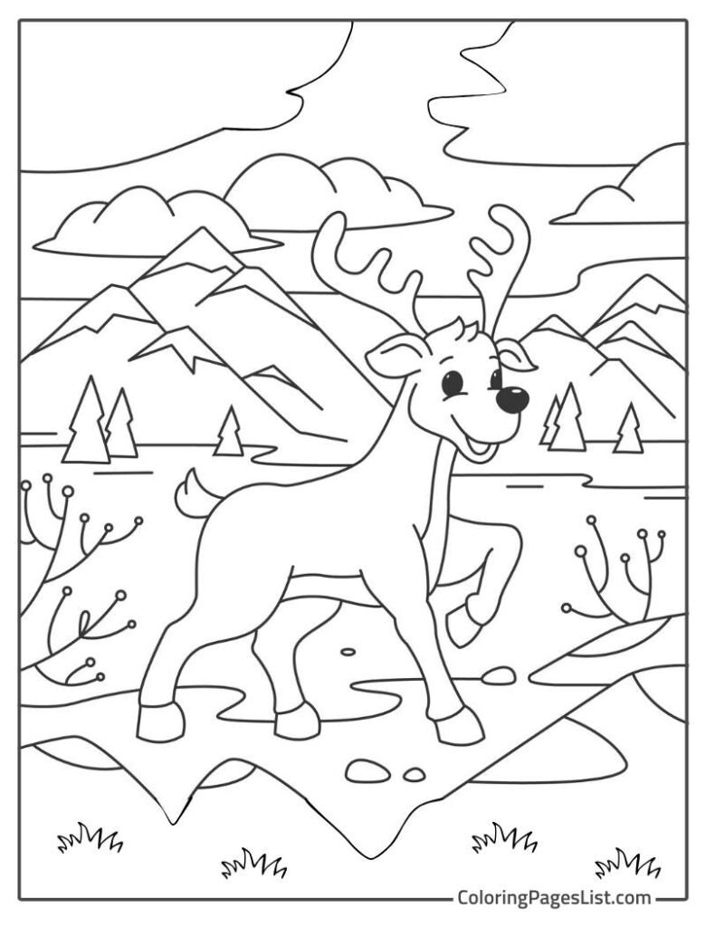 Cute Christmas Reindeer Walking Near The Mountains Coloring Page