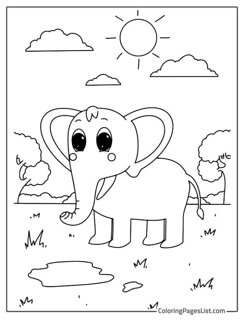 Cute Elephant Walking In The Jungle Coloring Page