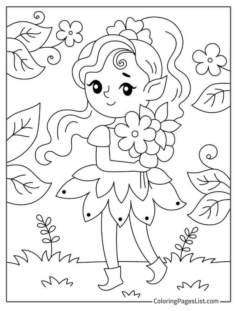 Cute Fairy Holding Flowers While Walking In The Garden Coloring Page