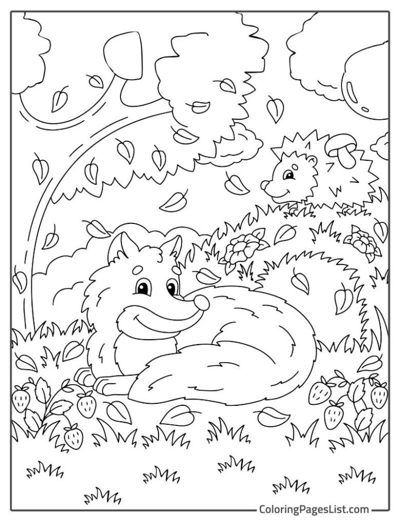 Cute Fox Sitting On The Leaves With Rasberries In The Garden Coloring Page