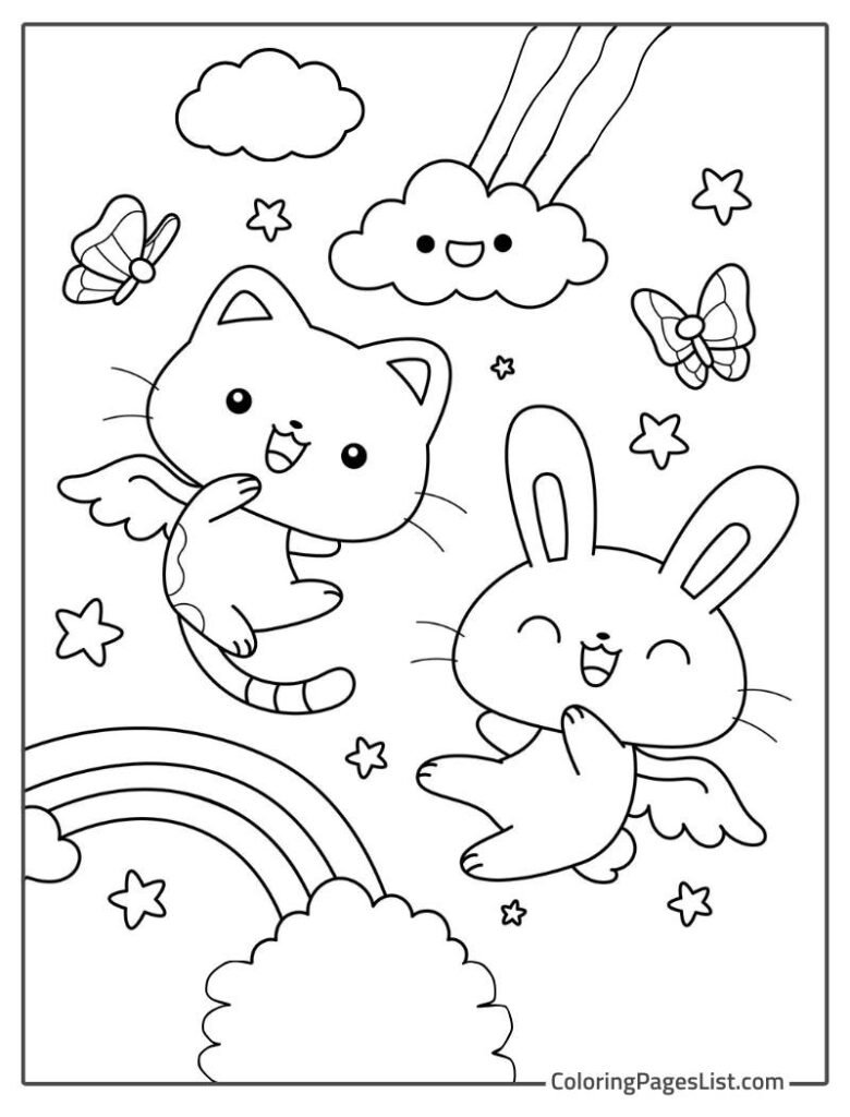 Cute Kawaii Little Kittens Flying And Smiling Coloring Page