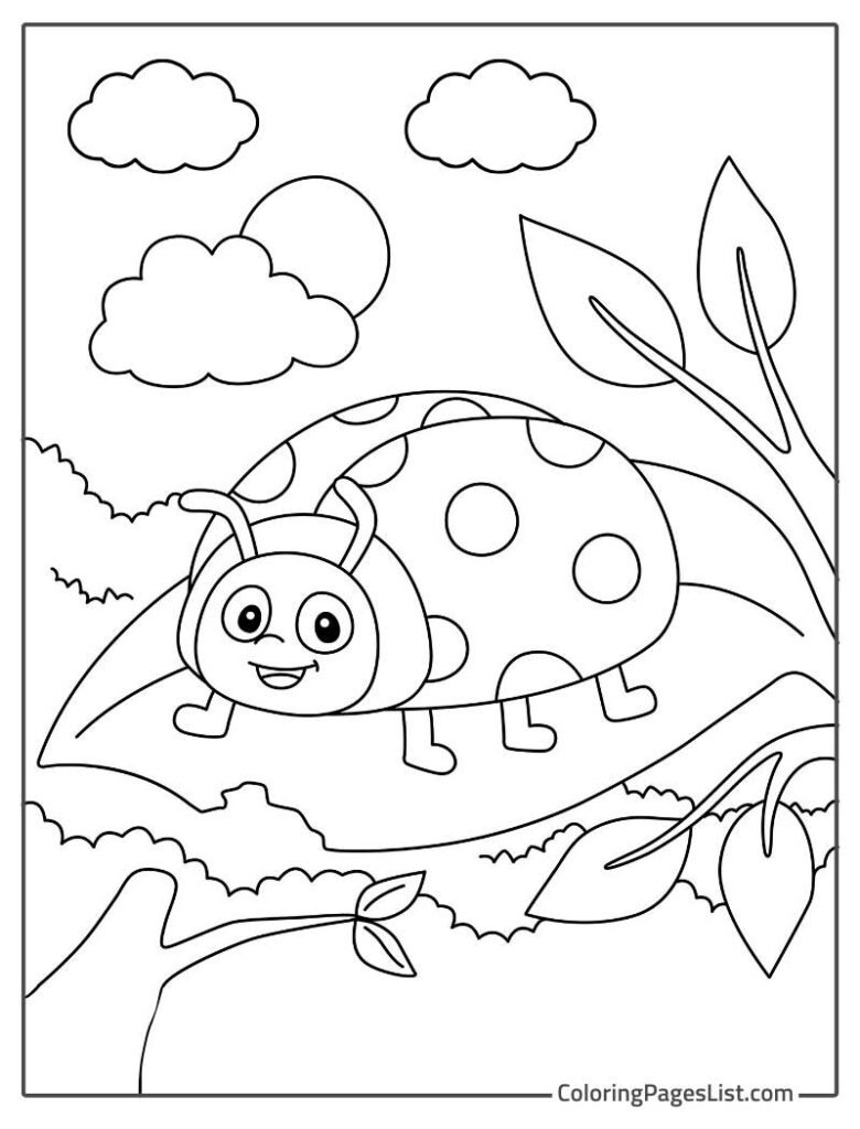 Cute Ladybug Waking On The Leaves Coloring Page For Kids