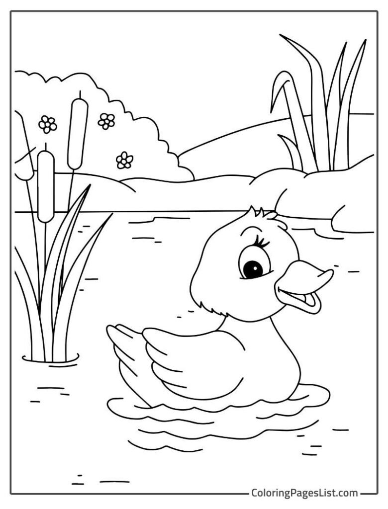 Cute Little Duck Enjoying In The Pond Coloring Page