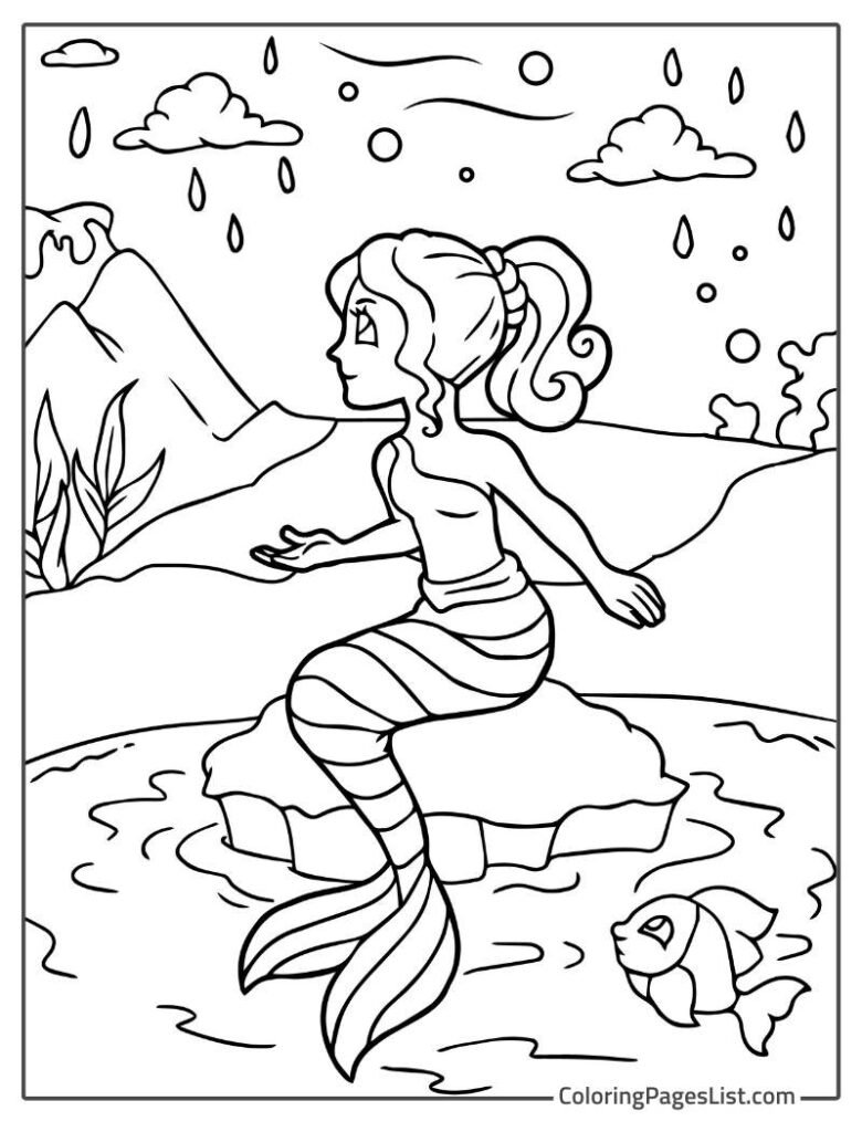 Cute Mermaid Sitting On The Stone Coloring Page