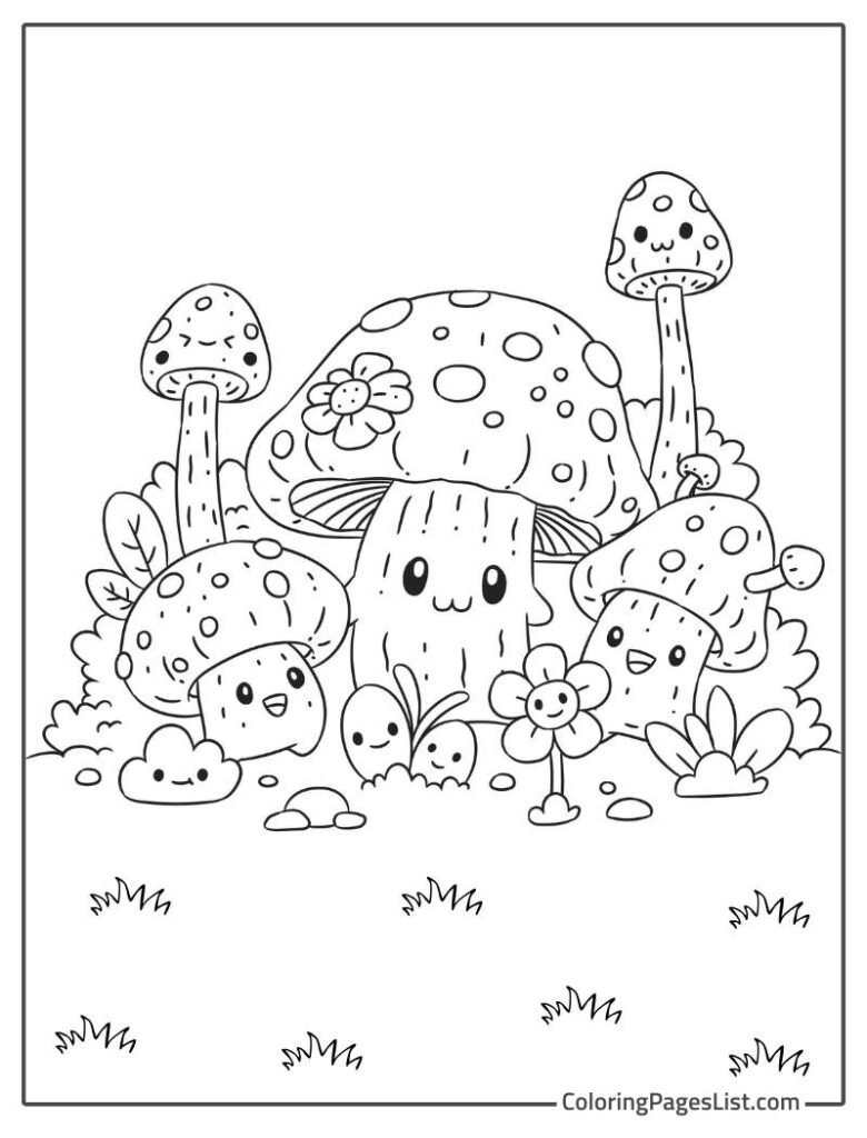 Cute Mushrooms Smiling In The Farm Coloring Page