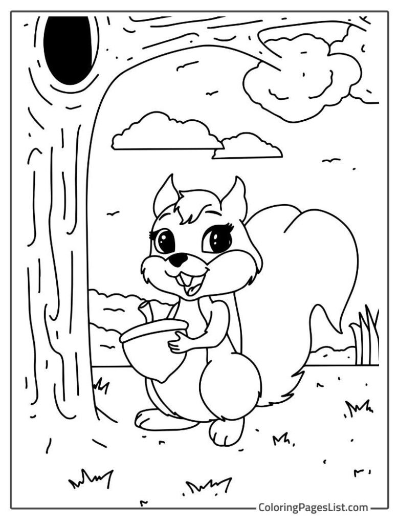 Cute Smiling Squirrel Holding Peanut And Standing Near The Tree To Color