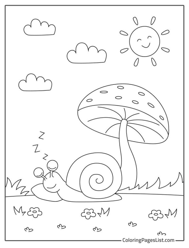 Cute Snail Sleeping In The Garden Of Mushrooms Coloring Sheet