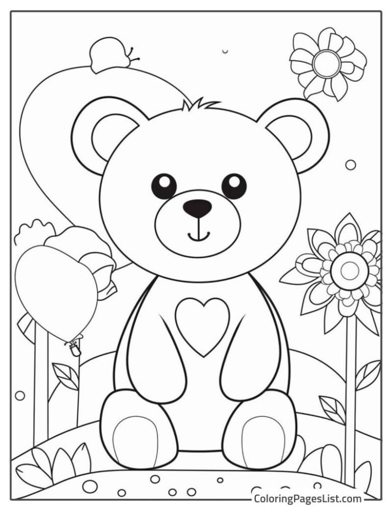 Cute Teddy Bear Enjoying In The Garden Coloring Page