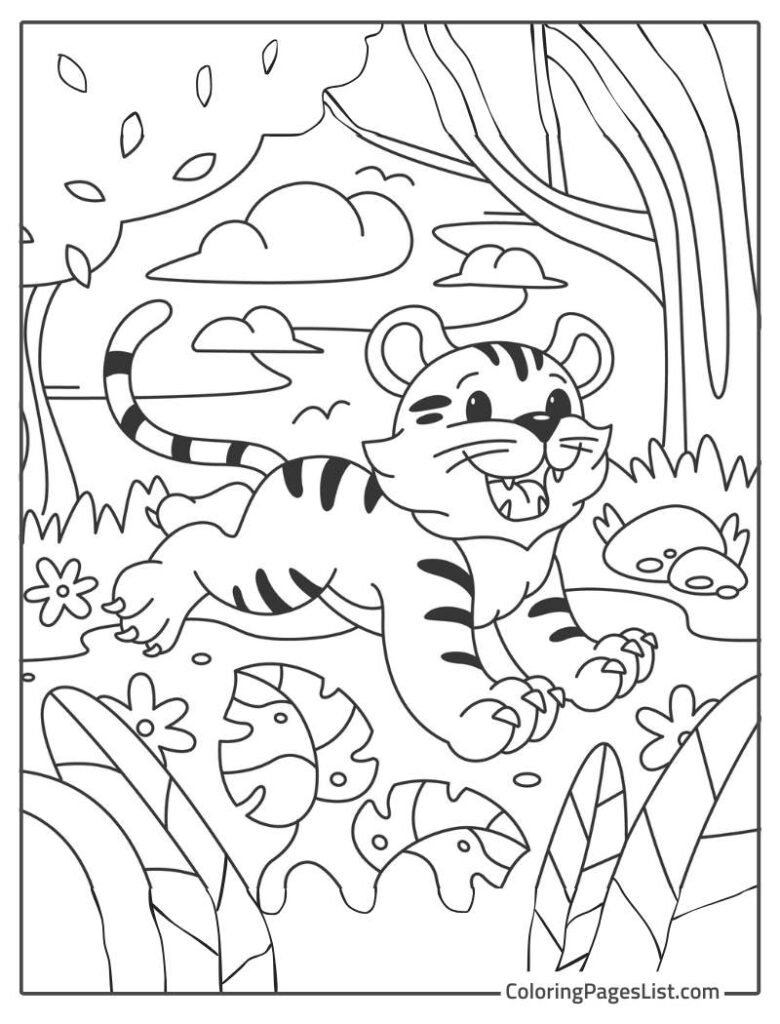 Cute Tiger Playing In The Jungle With Other Animals Coloring Sheet