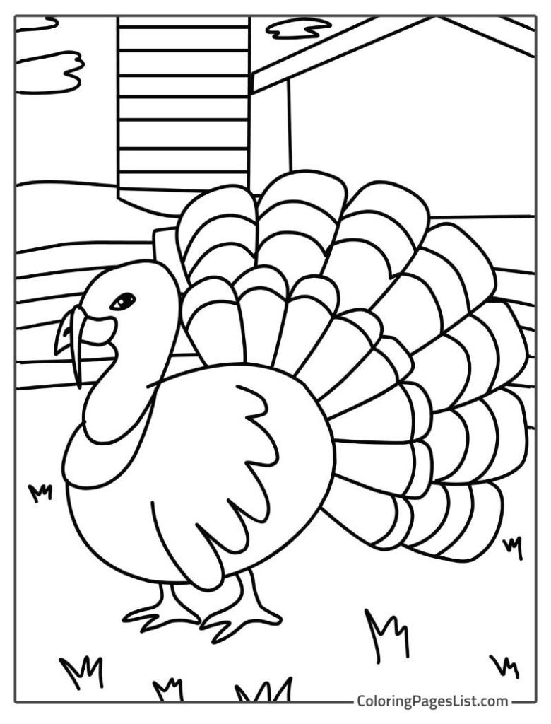 Cute Turkey Walking In The Farm Coloring Sheet For Kids