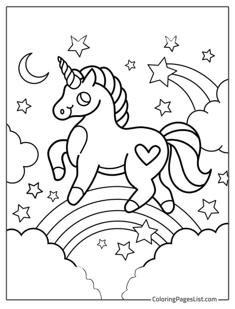 Cute Unicorn Walking On The Clouds Coloring Page