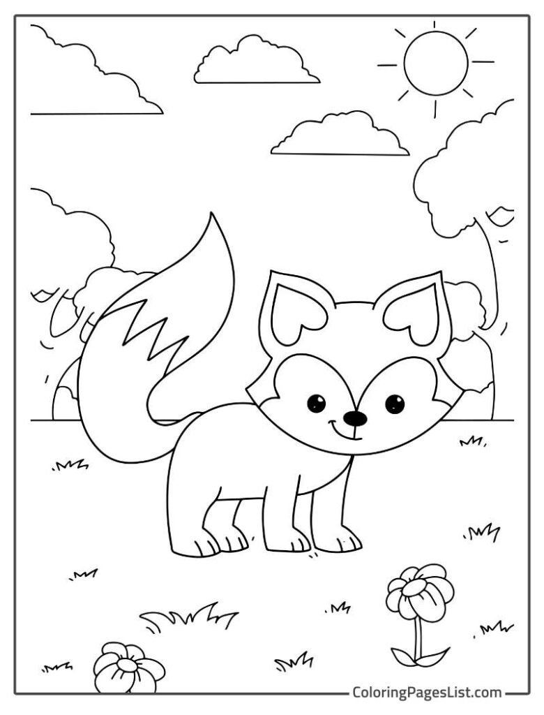 Cute Wolf Looking At The Flower In The Garden Coloring Page