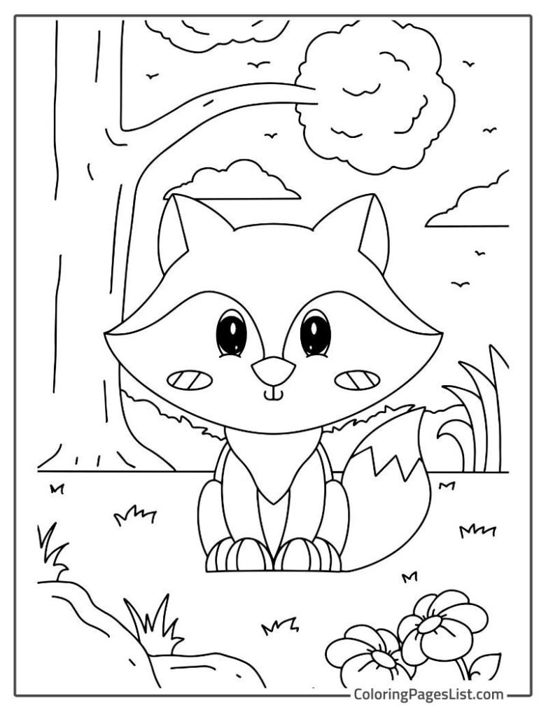 Cute Wolf Sitting In The Beautiful Garden And Smiling To Color