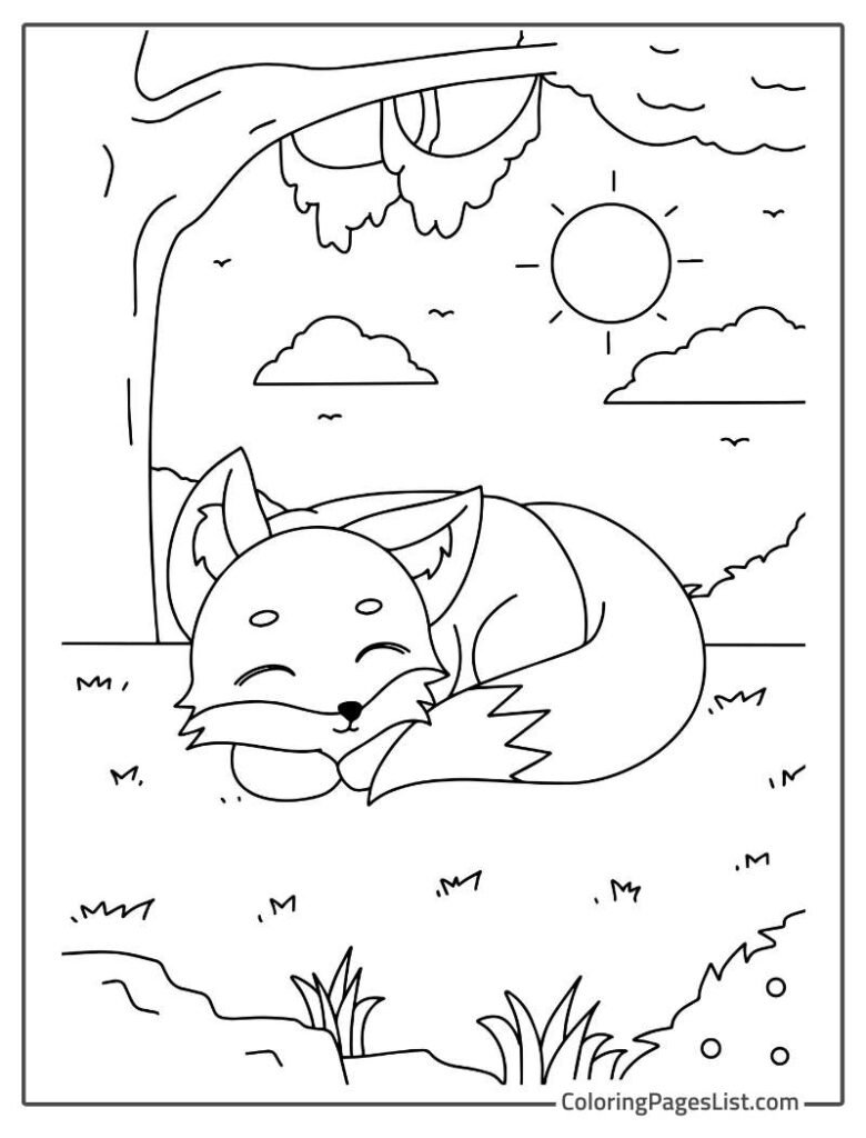 Cute Wolf Sleeping Under The Shadow Of Tree In The Garden Coloring Page