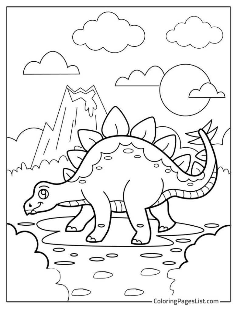 Dinosaur Walking Near The Volcano Coloring Page