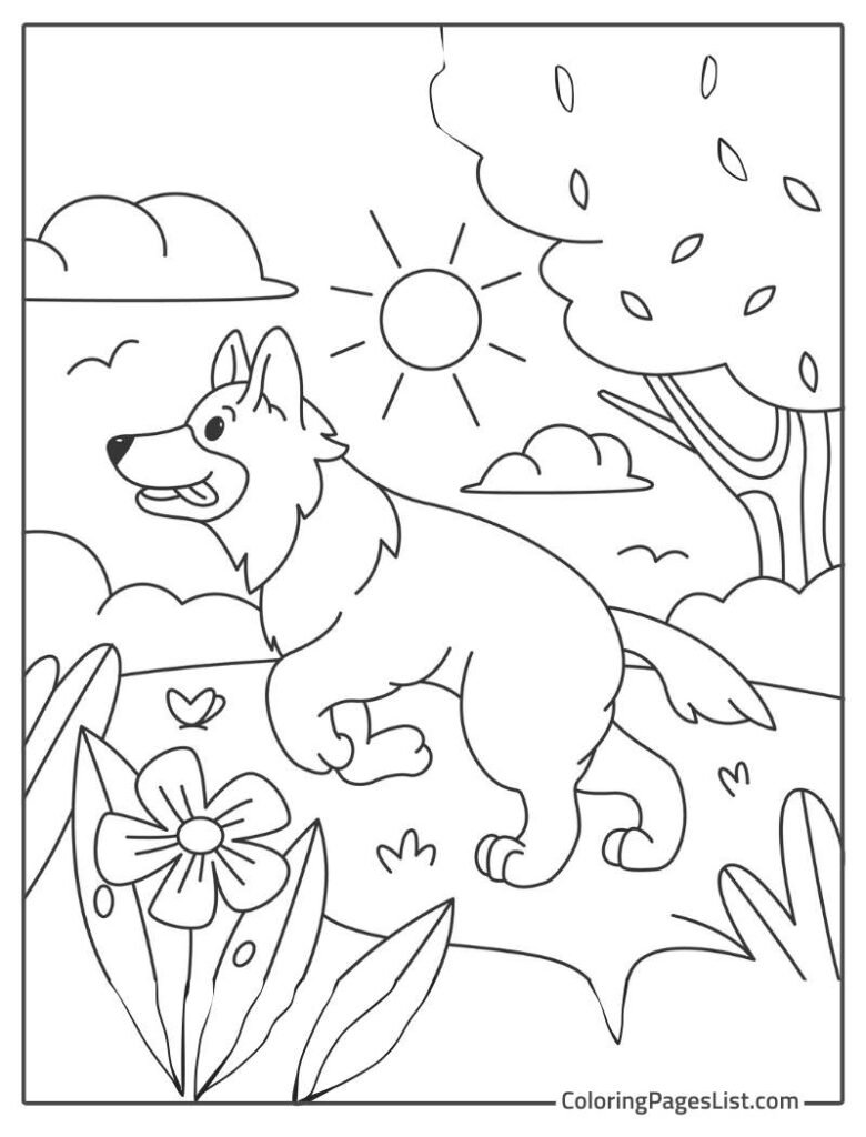 Dog Walking In The Garden During Summer Days To Color