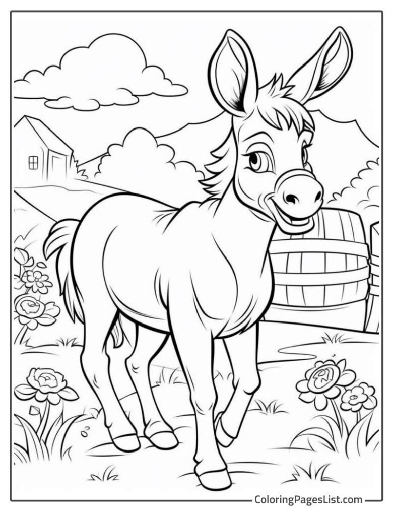 Donkey Smiling While Walking In The Farm Coloring Sheet