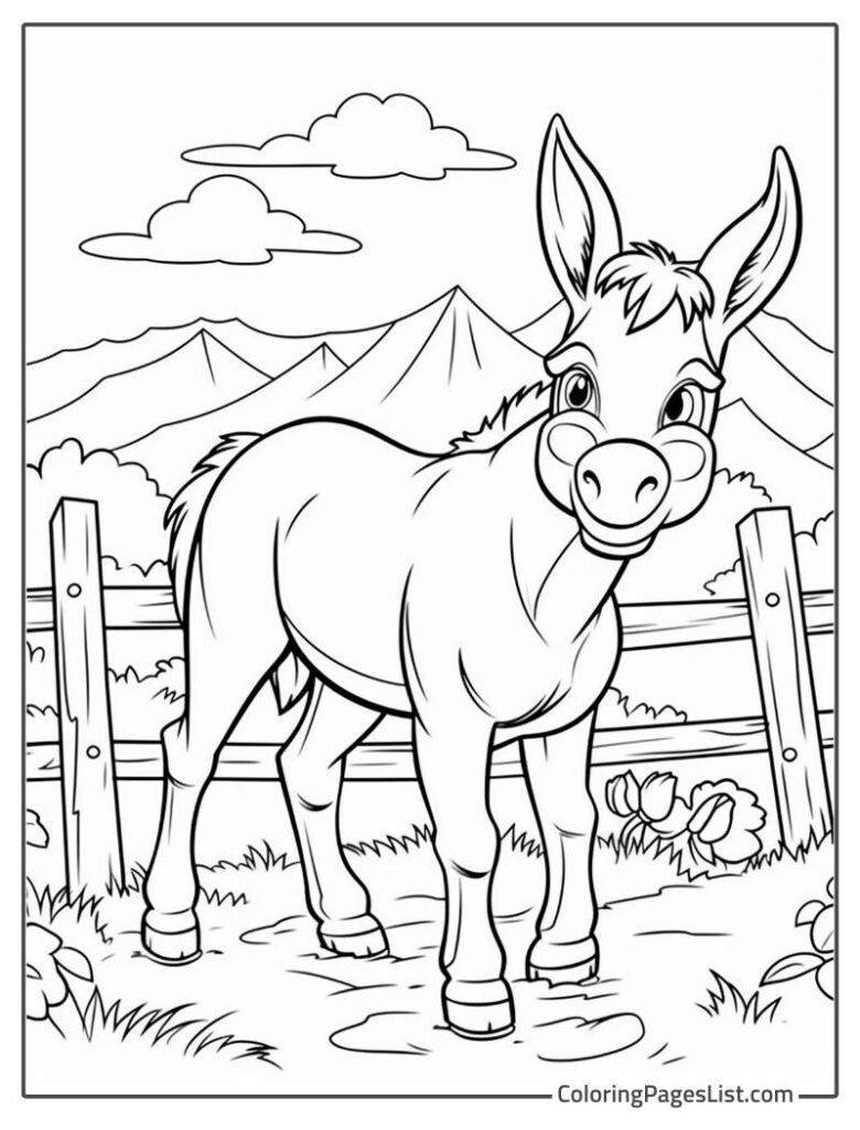 Donkey Standing In Front Of The Fence And Smiling Coloring Page