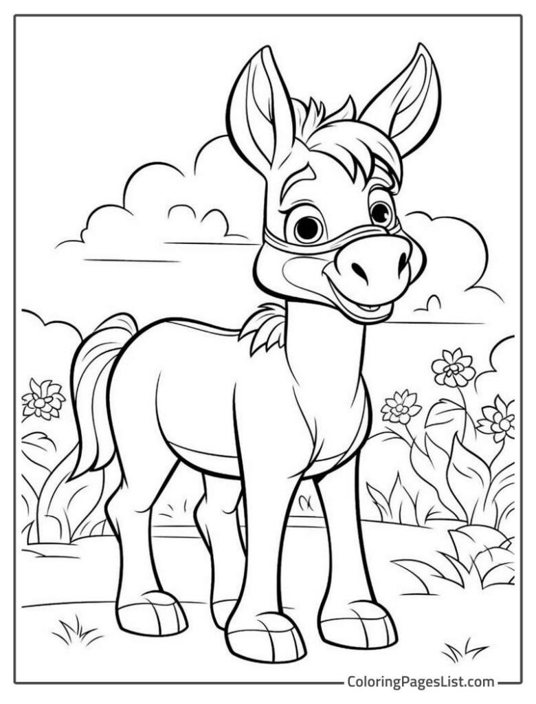 Donkey Standing Near The Flowers To Color