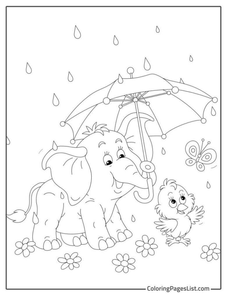 Elephant And Chick Holding Umbrella In The Rainy Day