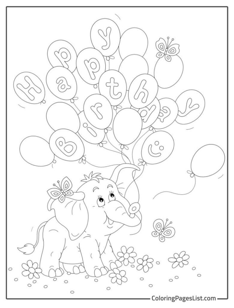 Elephant Holding Happy Birthday Gas Balloons To Color