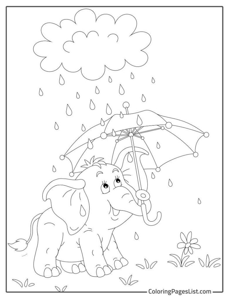 Elephant Holding Umbrella While Raining Coloring Page