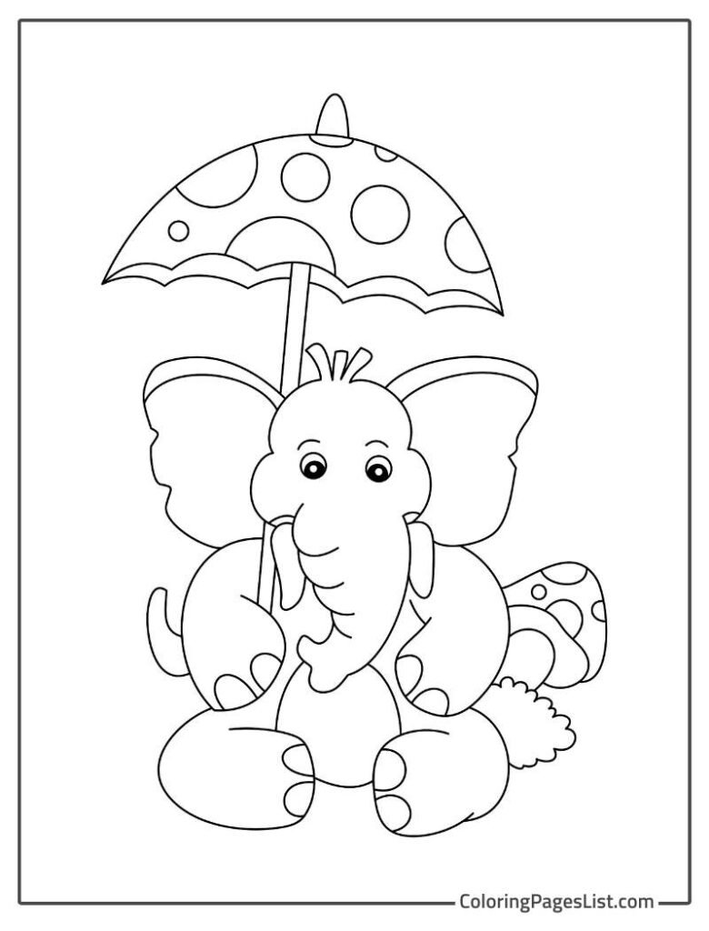 Elephant Holding Umbrella While Sitting Near The Mushroom Coloring Page