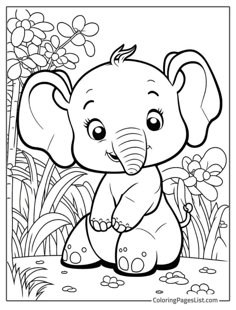 Elephant Sitting In The Garden Near Flowers To Color