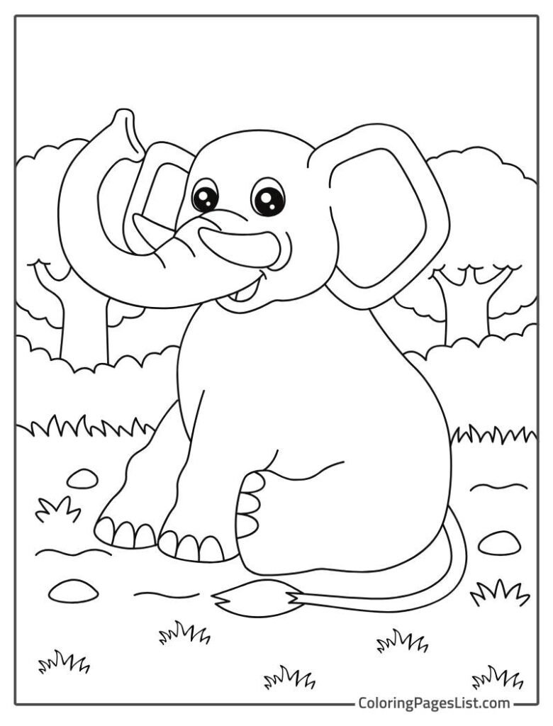 Elephant Sitting On The Grass In The Jungle Coloring Page