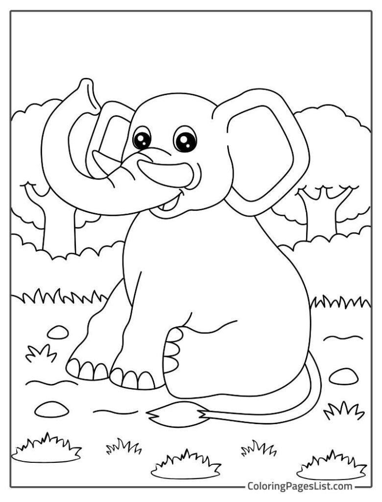 Elephant Sitting On The Long Grass In The Jungle Coloring Page