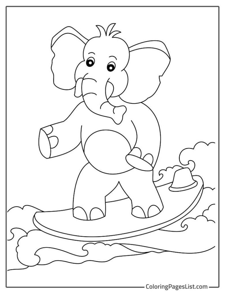 Elephant Surfing In The Sea To Color For Kids