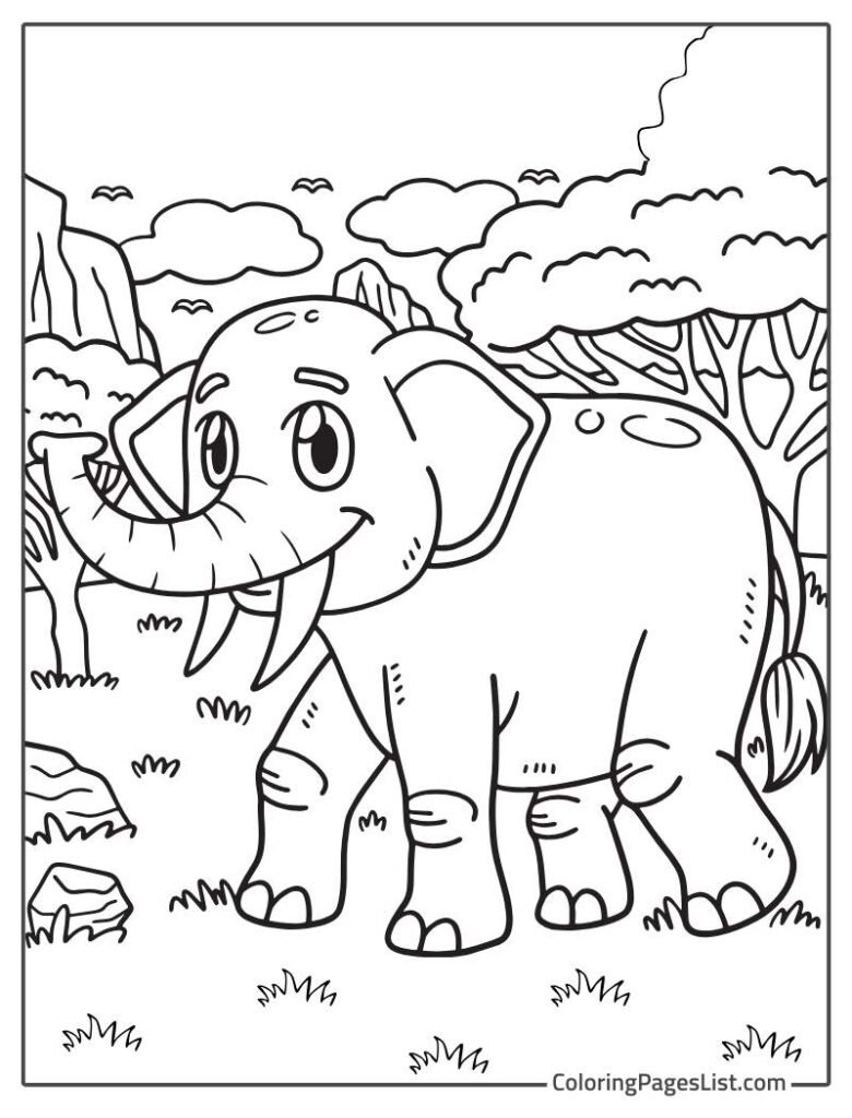 Elephant Walking In The Jungle Coloring Sheet