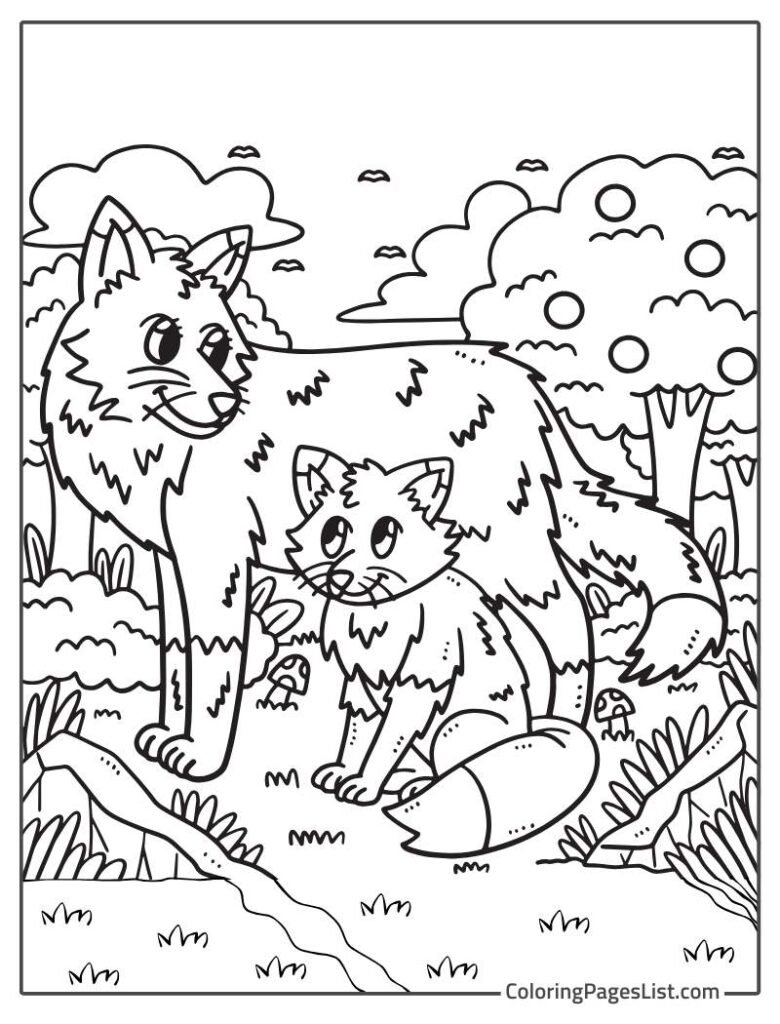 Fox And Baby Fox Enjoying In The Jungle Coloring Page