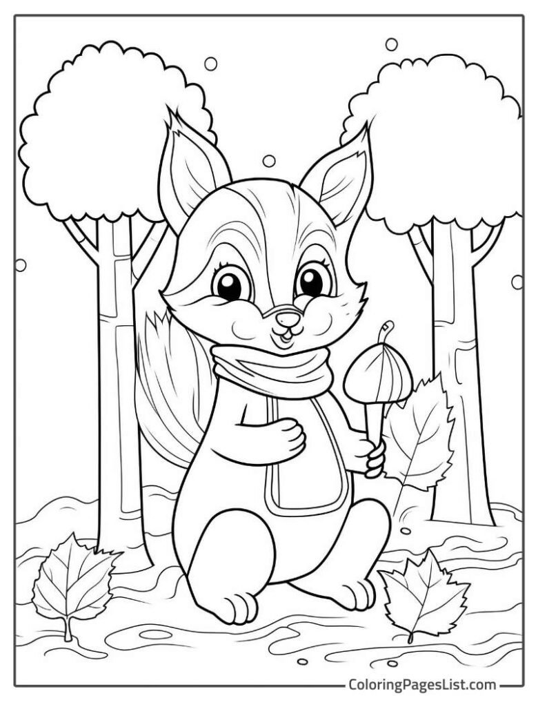 Fox Holding A Mushroom While Sitting In The Jungle Coloring Sheet