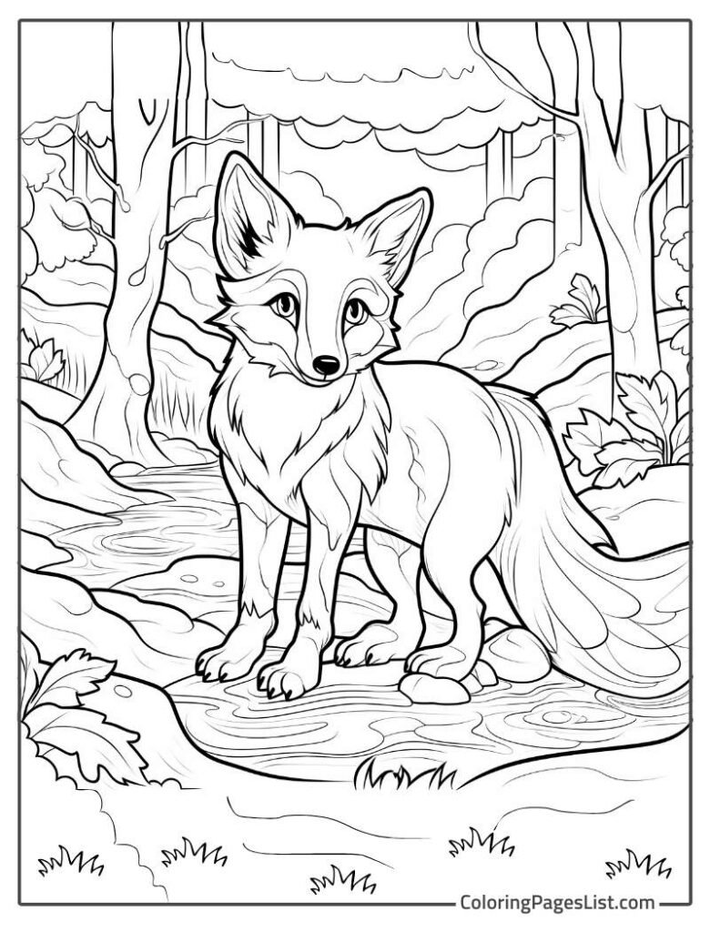 Fox Standing In Between The Big Trees In The Jungle