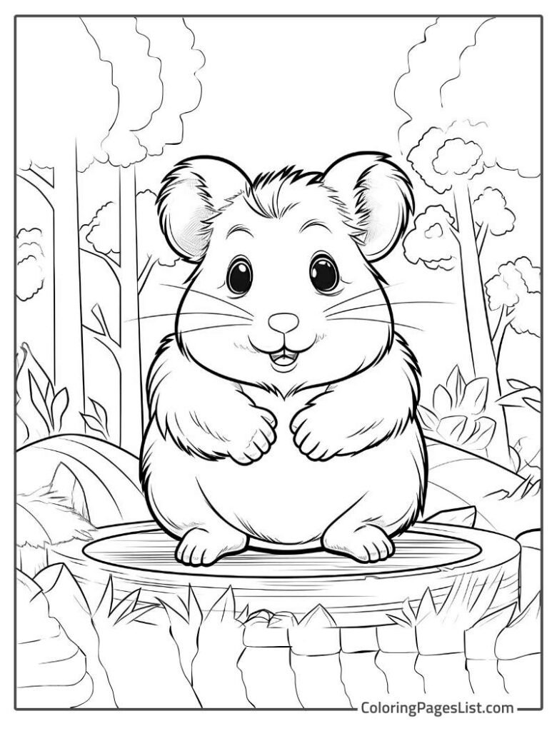 Hamster Sitting On The Cutted Tree Log Coloring Page