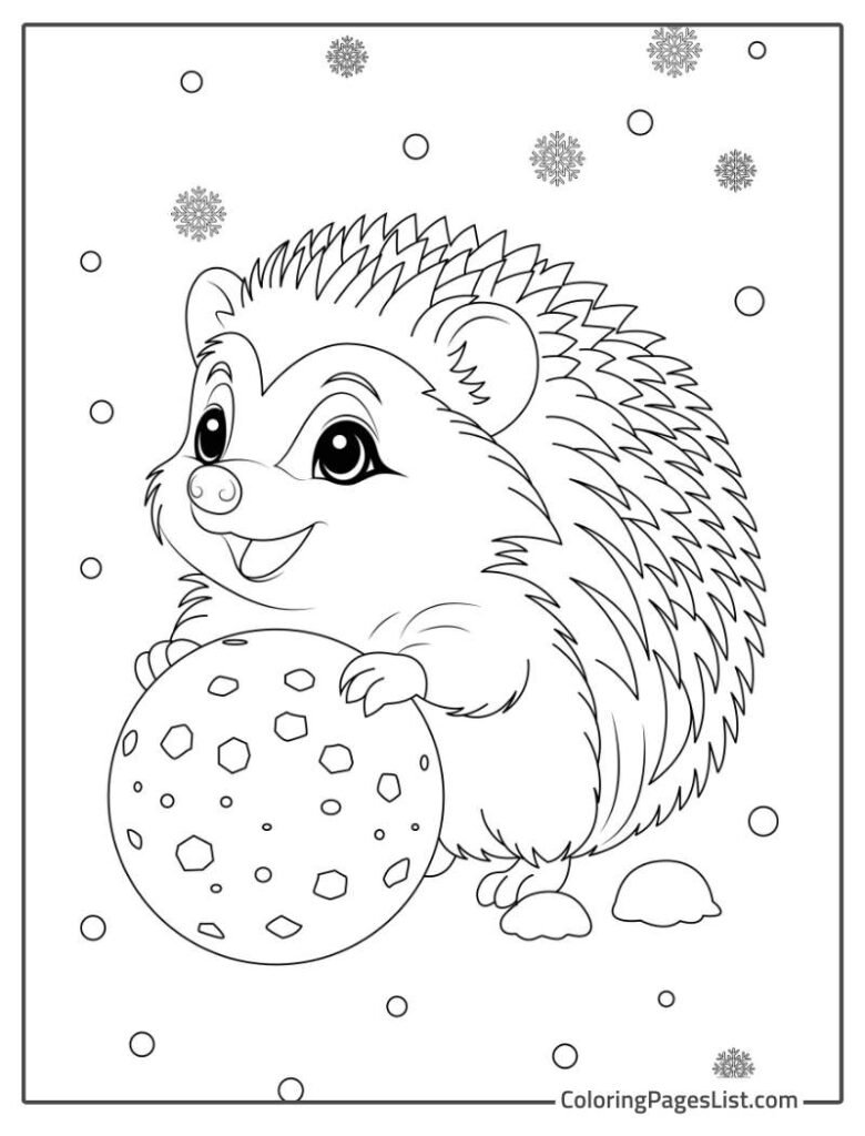 Hedgehog Playing With The Ice Ball In The Winter Coloring Page