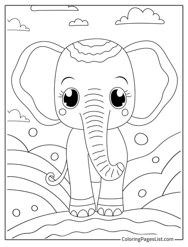 Kawaii Elephant Coloring Page For Kids