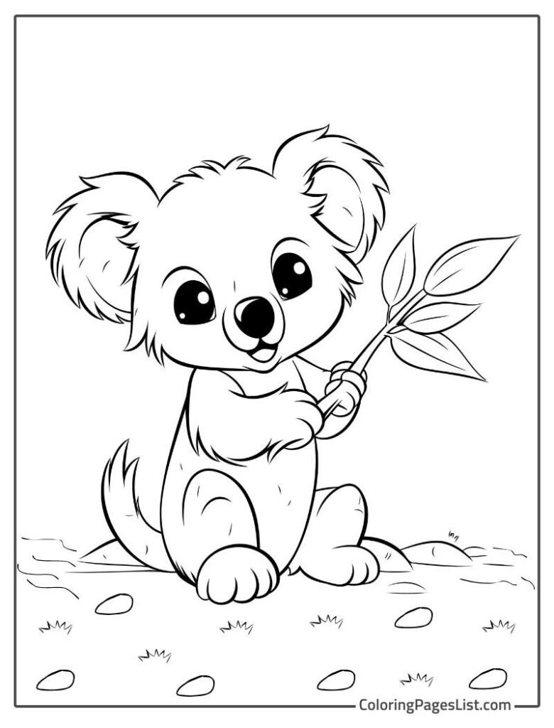 Koala Holding A Branch And Smiling Coloring Page