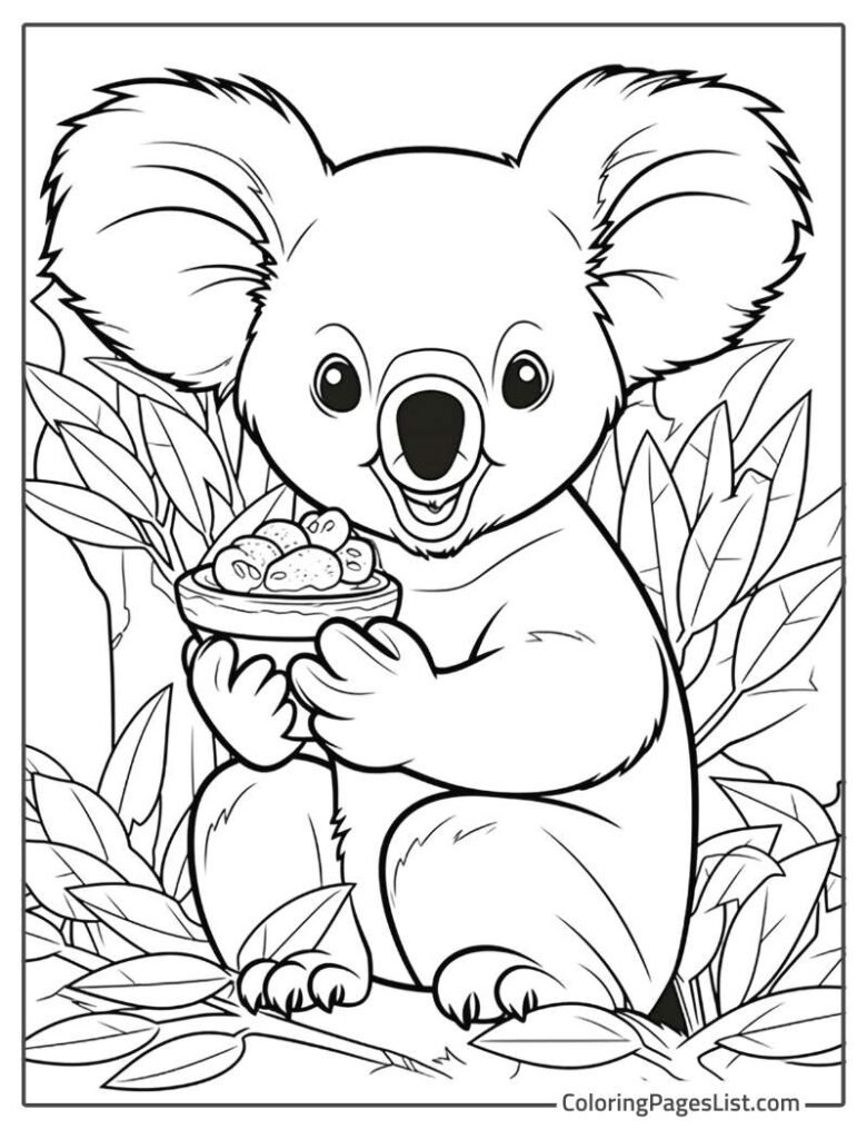 A Koala Holding The Bowl Of Food And Smiling