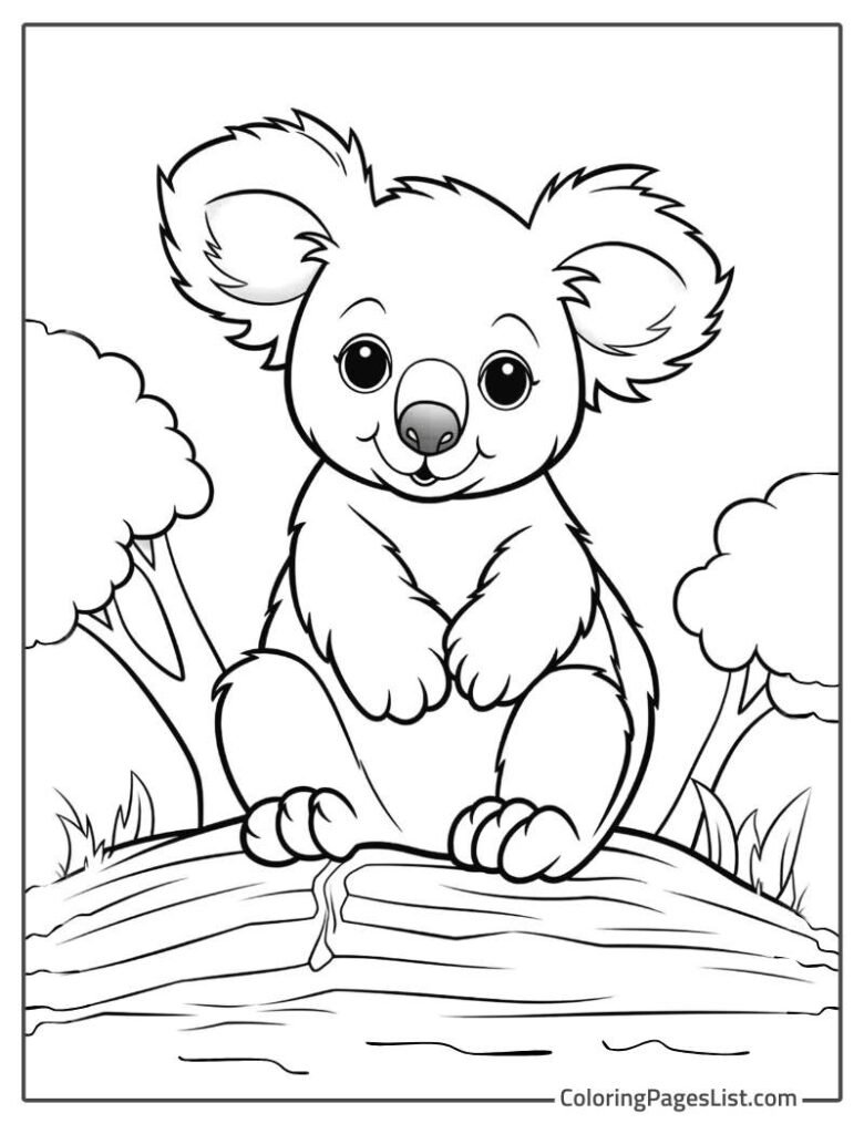 Koala Sitting On The Tree Roots Coloring Page