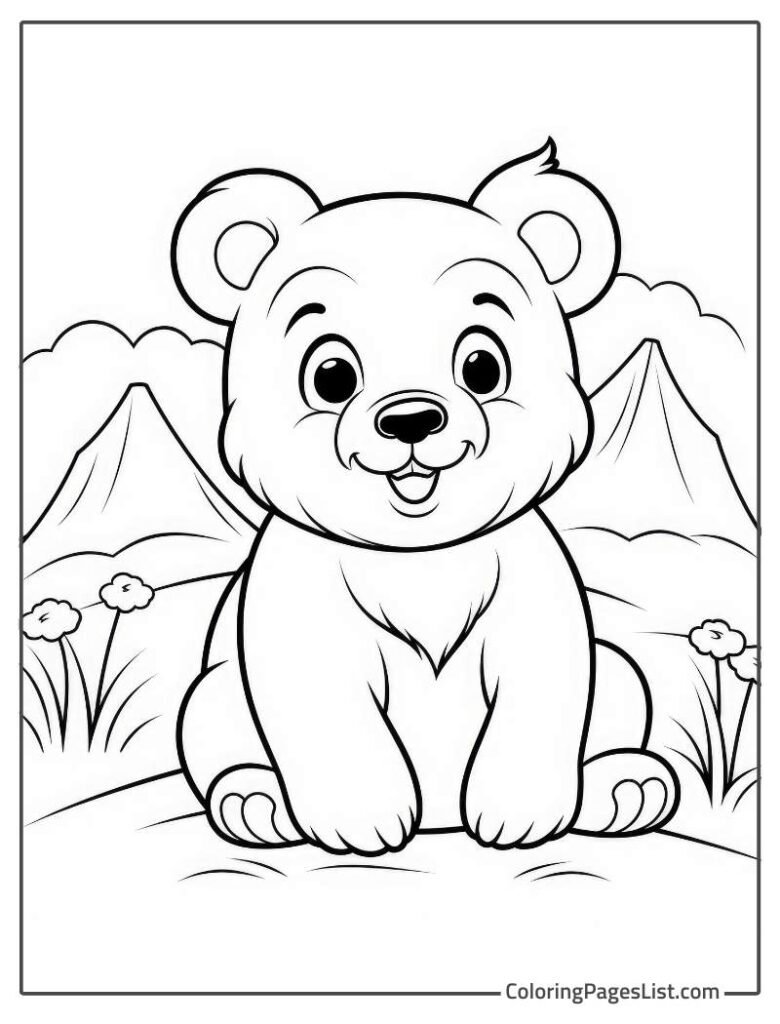 Little Bear Sitting On The Ground And Smiling To Color In