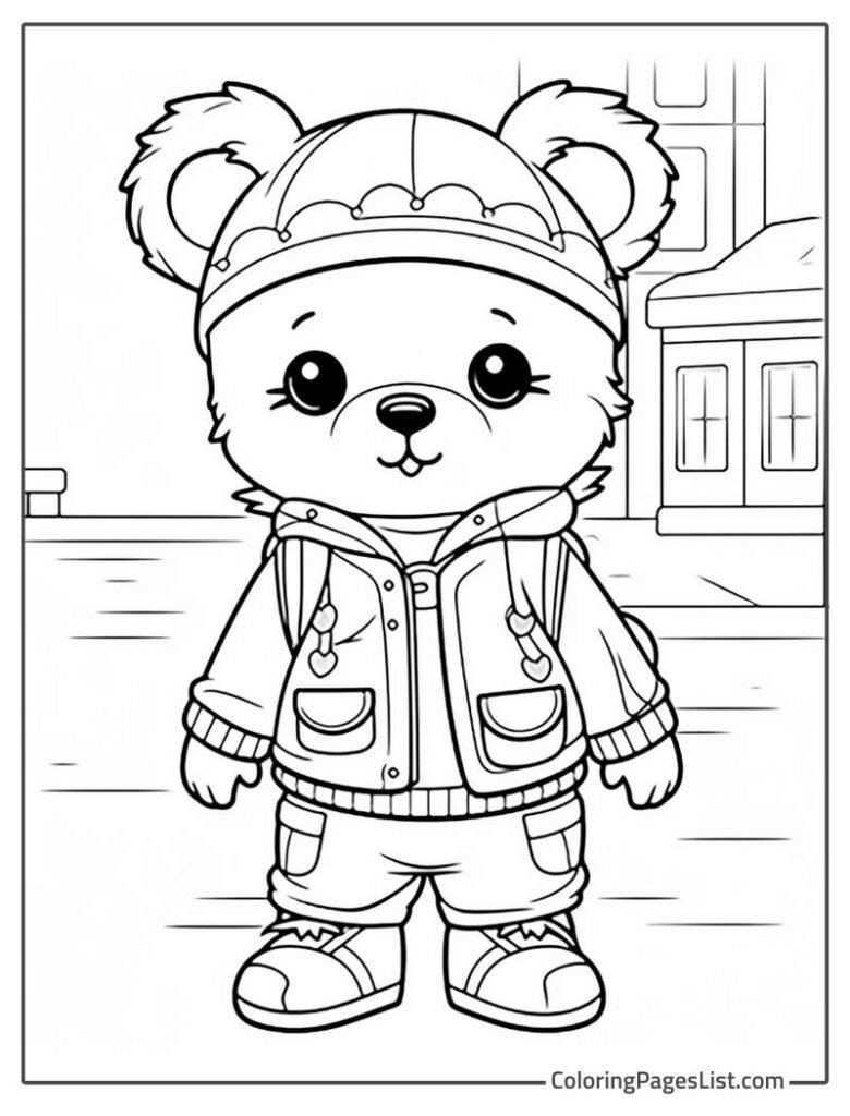 Little Cute Teddy Wearing A Backpacker Dress Coloring Page