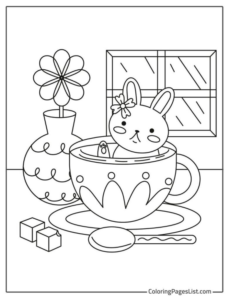 Little Kitten Sitting In The Cup To Color For Kids