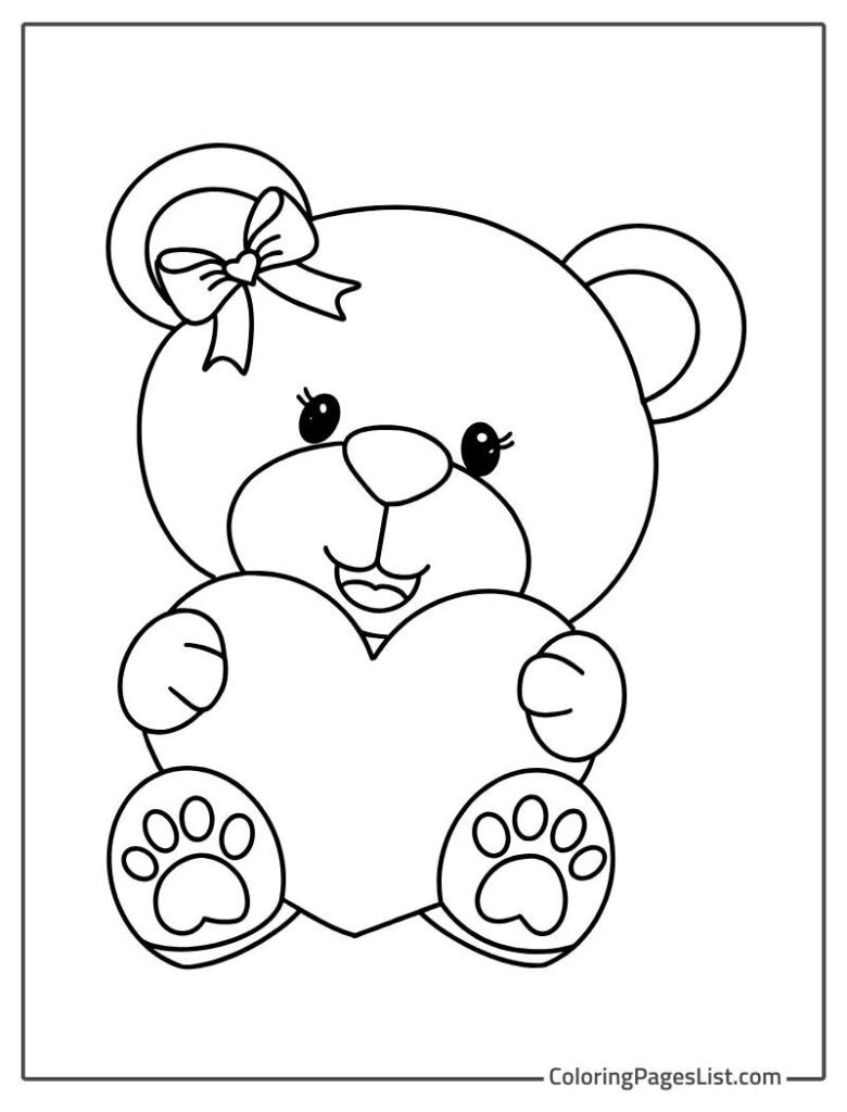 Little Teddy Bear Holding A Heart To Color In