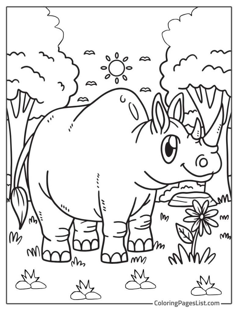 Rhino Enjoying In The Jungle Near The Beautiful Trees To Color In