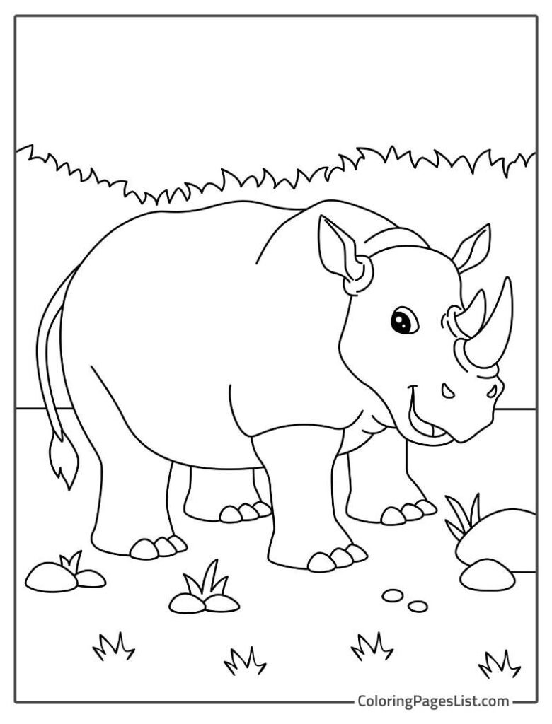 Rhino Grazing Outside Coloring Sheet For Kids