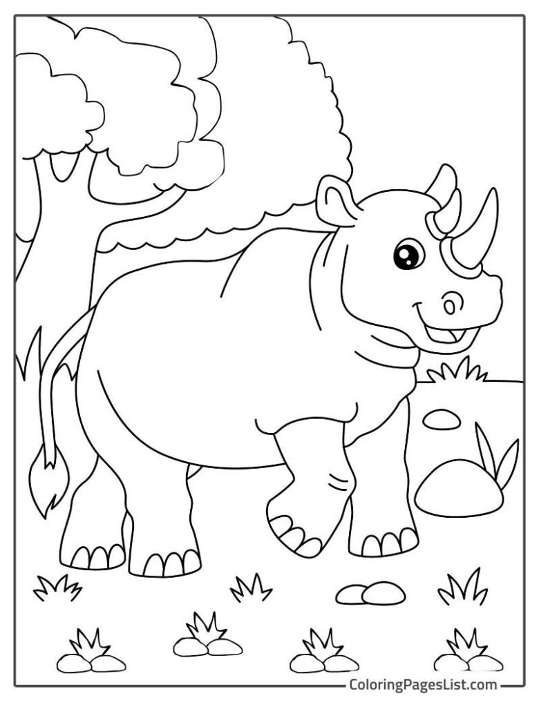 Rhino Smiling And Enjoying In The Jungle Coloring Page