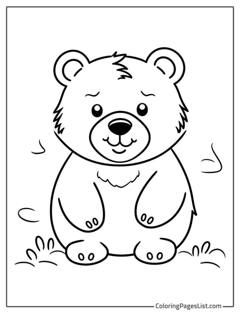 Simple Bear Outline Smiling And Sitting On The Ground To Color In